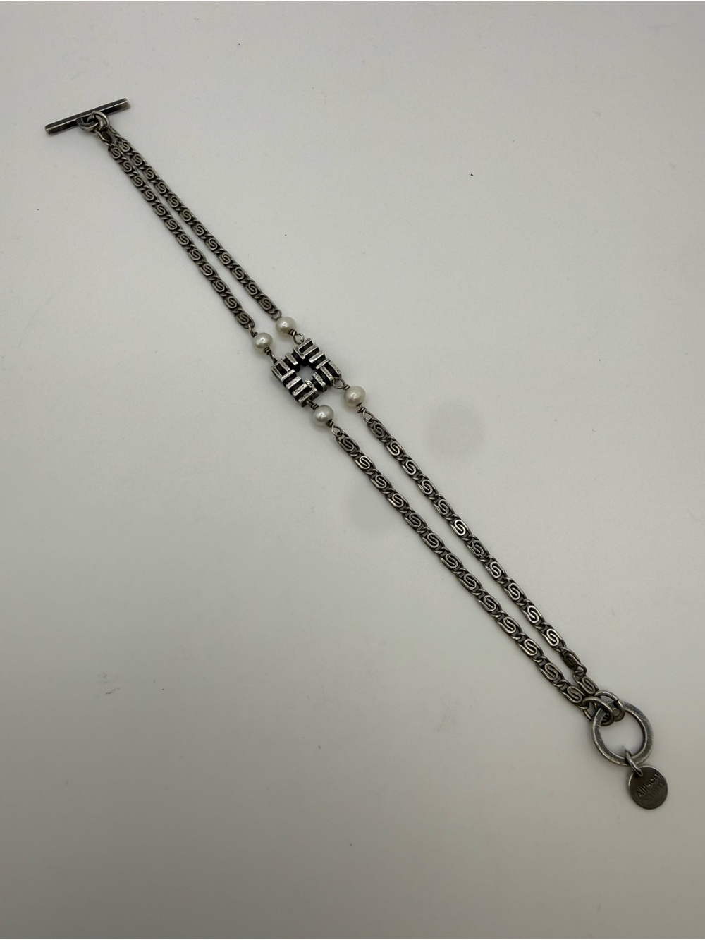 Vintage Allison Stern Sterling Silver Pearl Double Strand Bracelet 7.5”